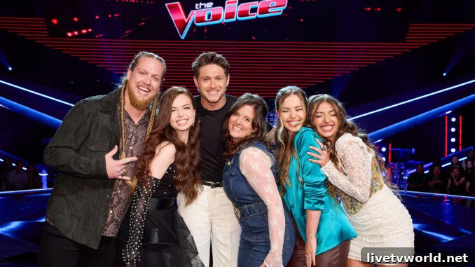 The Voice 24 Playoffs Team Niall Huntley, Mara Justine, Niall Horan, Alexa Wildish, Claudia B., Nini Iris