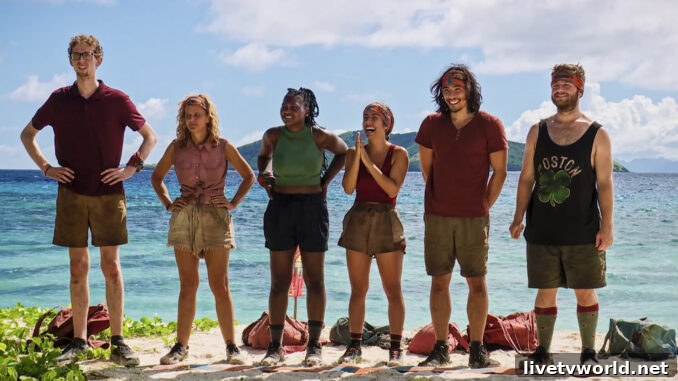 Survivor Season 45 Drew Basile, Julie Alley, Katurah Topps, Dee Valladares, Austin Li Coon, and Jake O’Kane.