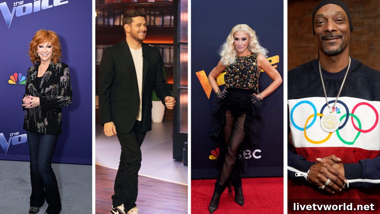 The Voice Season 26: l-r: Reba McEntire, Michael Buble, Gwen Stefani, Snoop Dogg