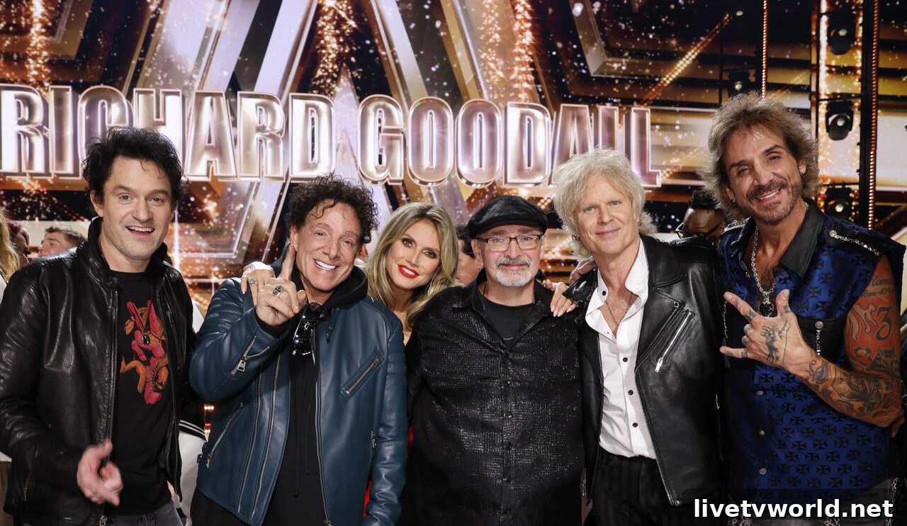 Members of Journey: Jason Derlatka, Neal Schon, Heidi Klum, Richard Goodall, Todd Jensen, Deen Castronova - America's Got Talent 2024 finale