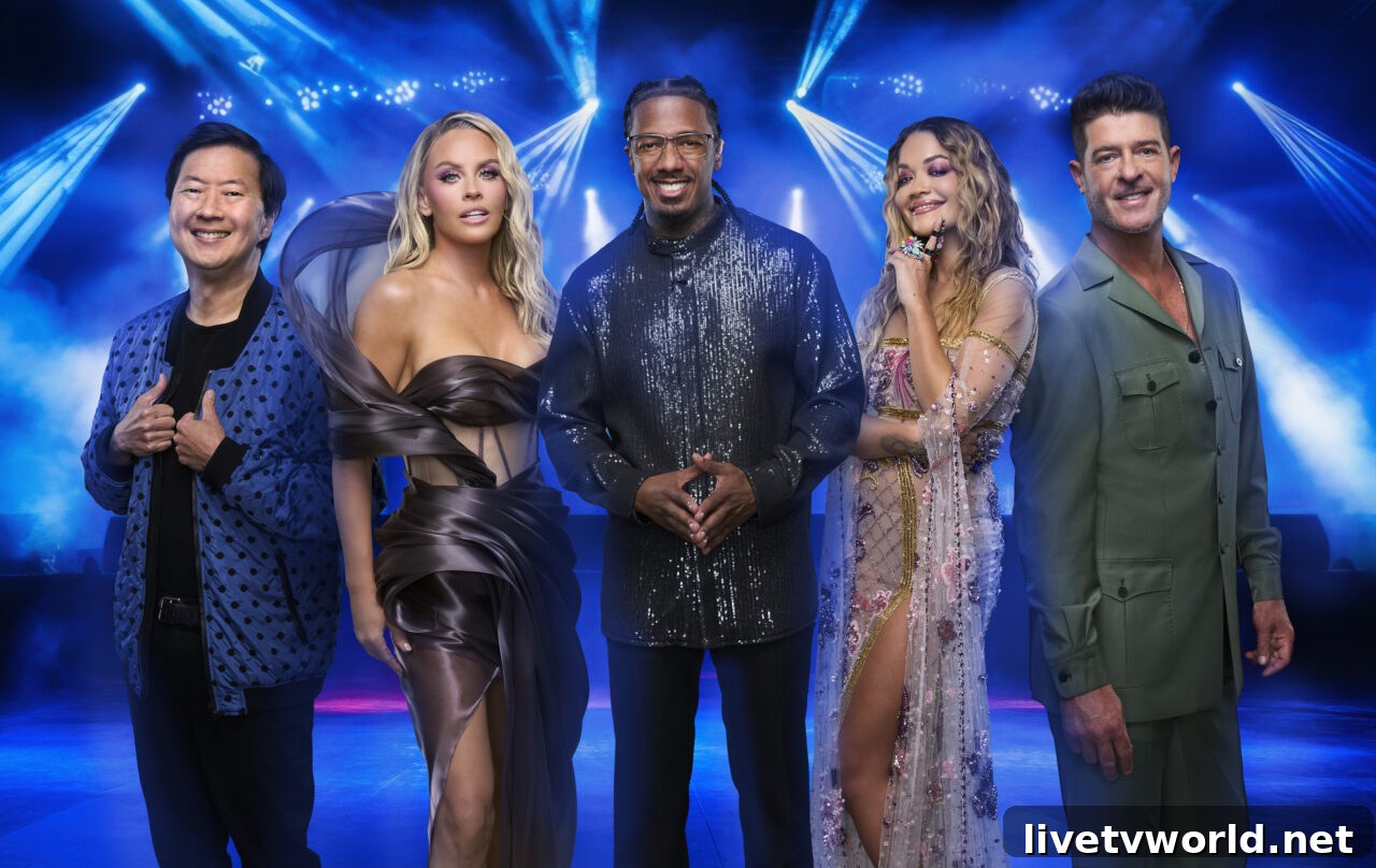 Ken Jeong, Jenny McCarthy-Wahlberg, Nick Cannon, Rita Ora, Robin Thicke. - The Masked Singer 13