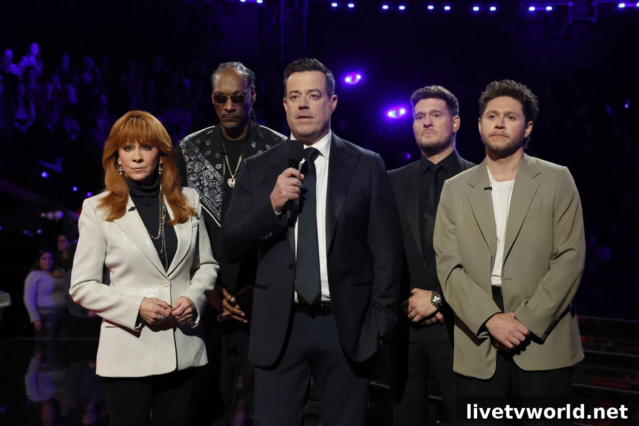 The Voice Season 28: Top 6 Finale Predictions and Poll Results 2 Pictured: (l-r) Reba McEntire, Snoop Dogg, Carson Daly, Michael Bublé, Niall Horan -- The Voice 28